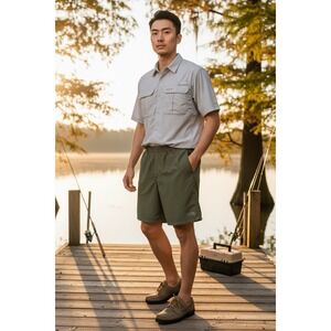 Columbia Men's L PFG Packable‎ Pullon Basket Lined Nylon Shorts Green Inseam 6"